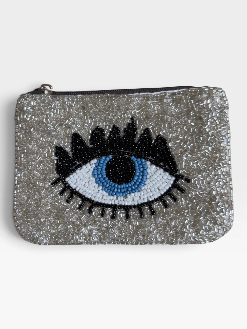 Beaded Silver Eye Clutch - Blue Accent